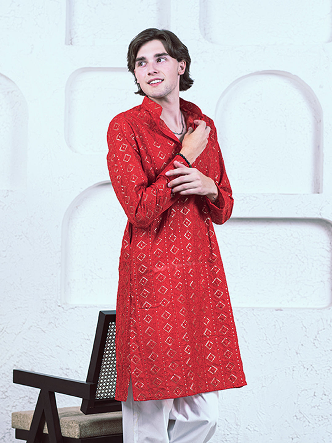 Red Diamond Embroidered Cotton Mens Kurta