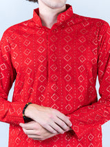 Red Diamond Embroidered Cotton Mens Kurta