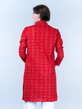 Red Diamond Embroidered Cotton Mens Kurta