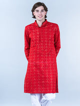 Red Diamond Embroidered Cotton Mens Kurta