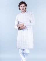 White Diamond Embroidered Cotton Mens Kurta