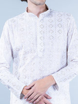 White Diamond Embroidered Cotton Mens Kurta