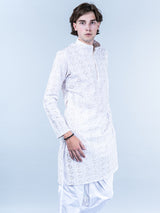 White Diamond Embroidered Cotton Mens Kurta