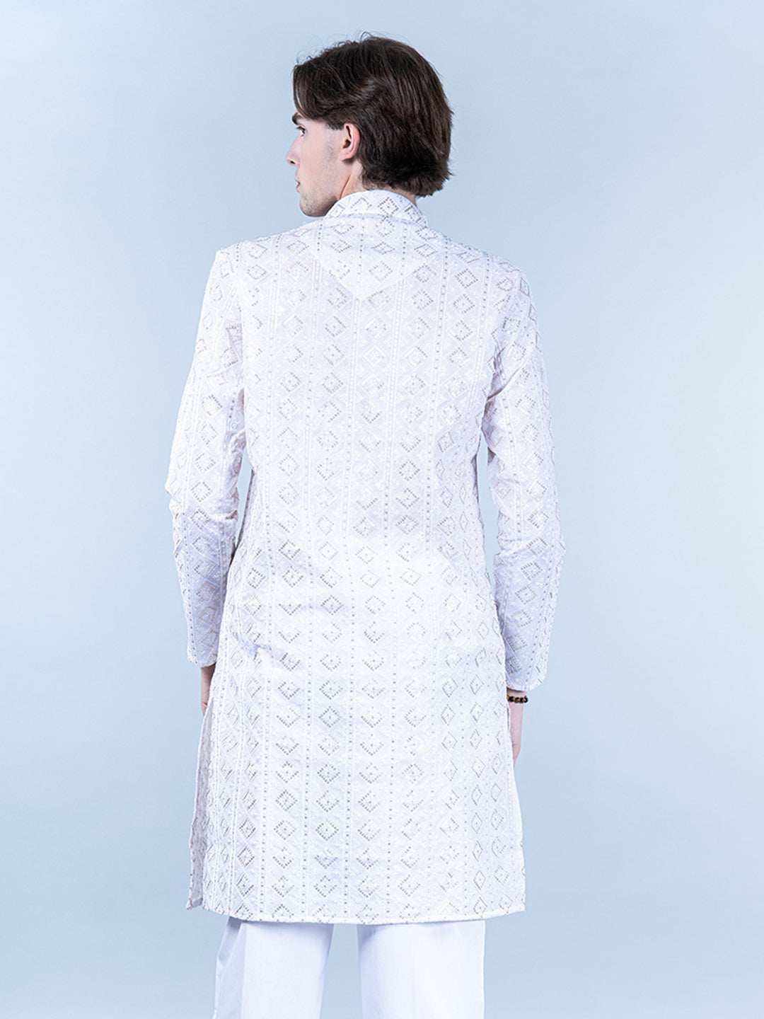 White Diamond Embroidered Cotton Mens Kurta