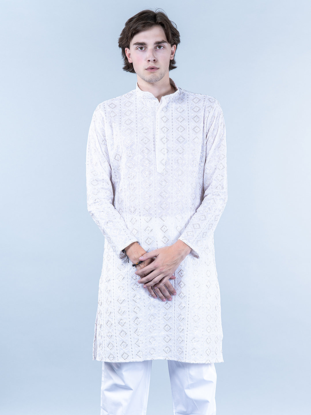 White Diamond Embroidered Cotton Mens Kurta