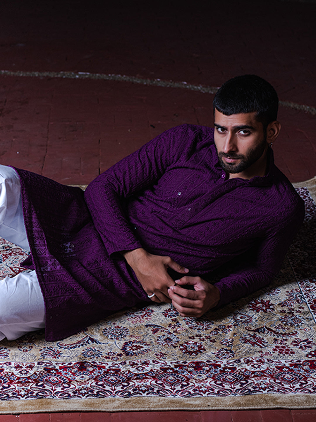 Dark Purple Chikankari Embroidered Cotton Men's Kurta