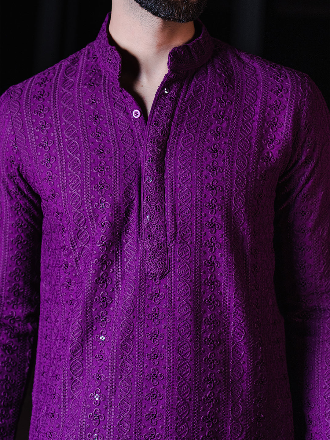 Dark Purple Chikankari Embroidered Cotton Men's Kurta