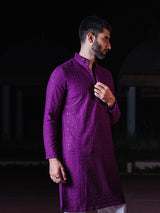 Dark Purple Chikankari Embroidered Cotton Men's Kurta