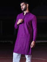 Dark Purple Chikankari Embroidered Cotton Men's Kurta