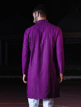 Dark Purple Chikankari Embroidered Cotton Men's Kurta