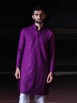 Dark Purple Chikankari Embroidered Cotton Men's Kurta