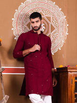 Maroon Chikankari Embroidered Cotton Men's Kurta