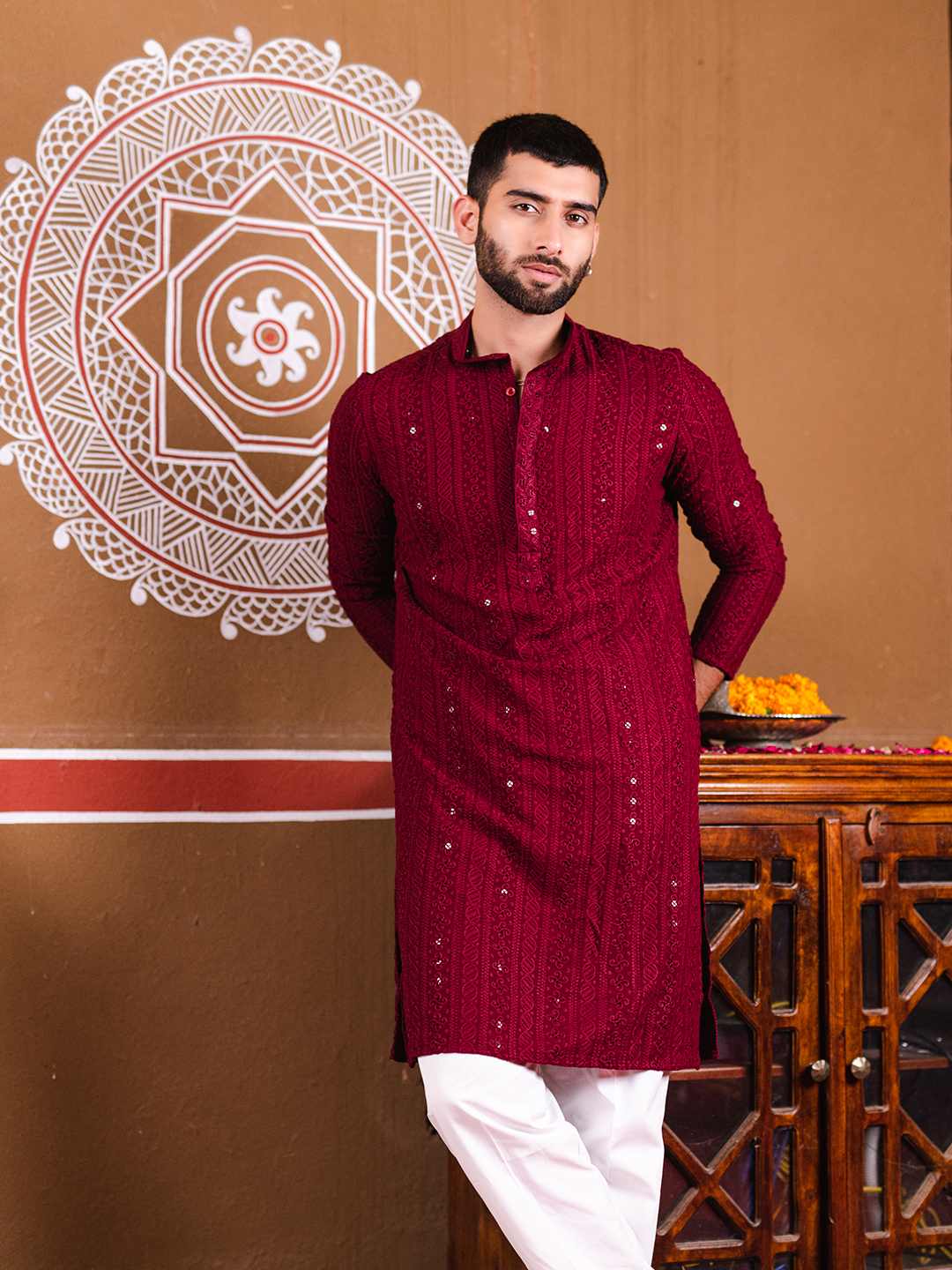 Maroon Chikankari Embroidered Cotton Men's Kurta