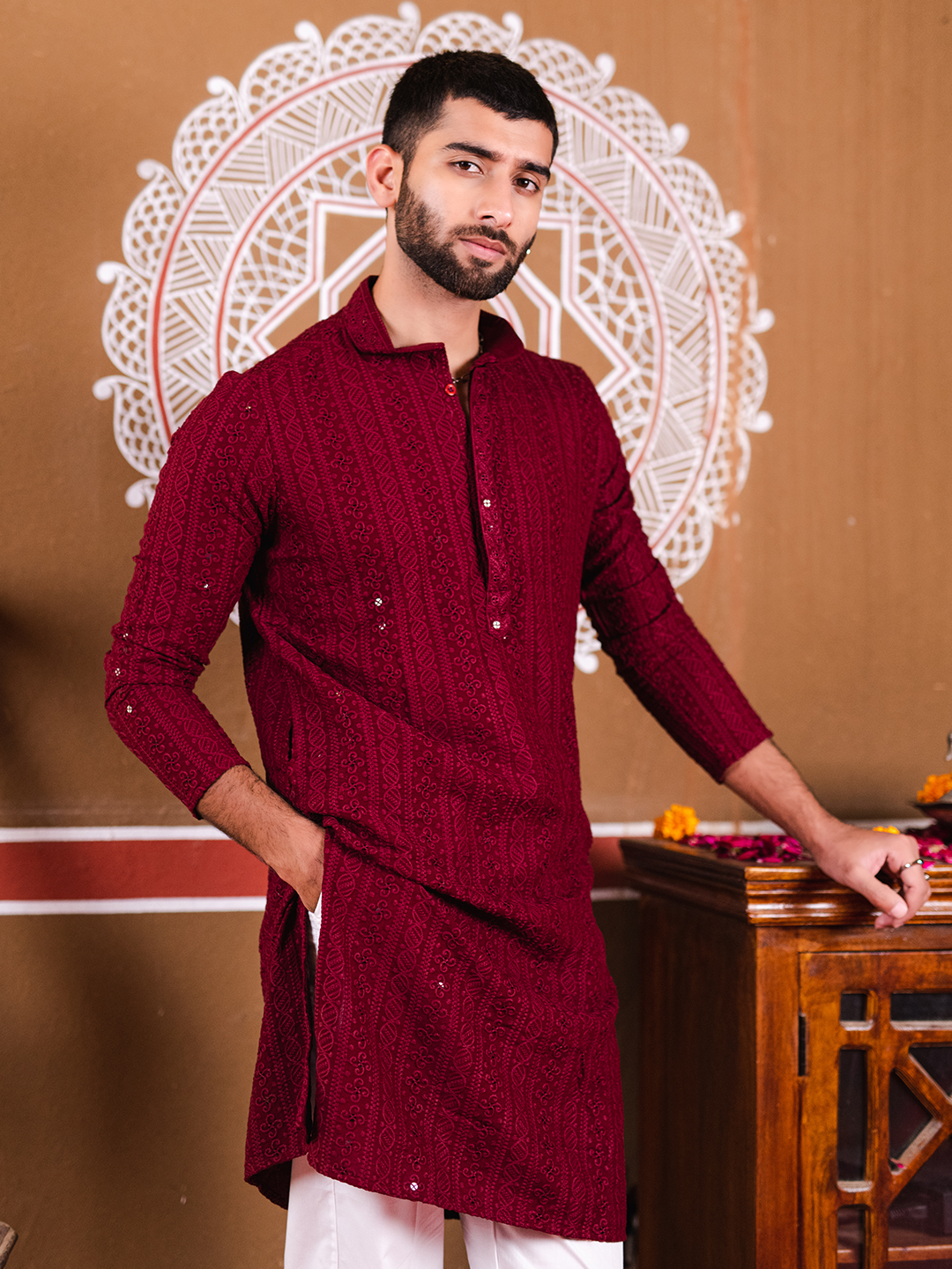 Maroon Chikankari Embroidered Cotton Men's Kurta