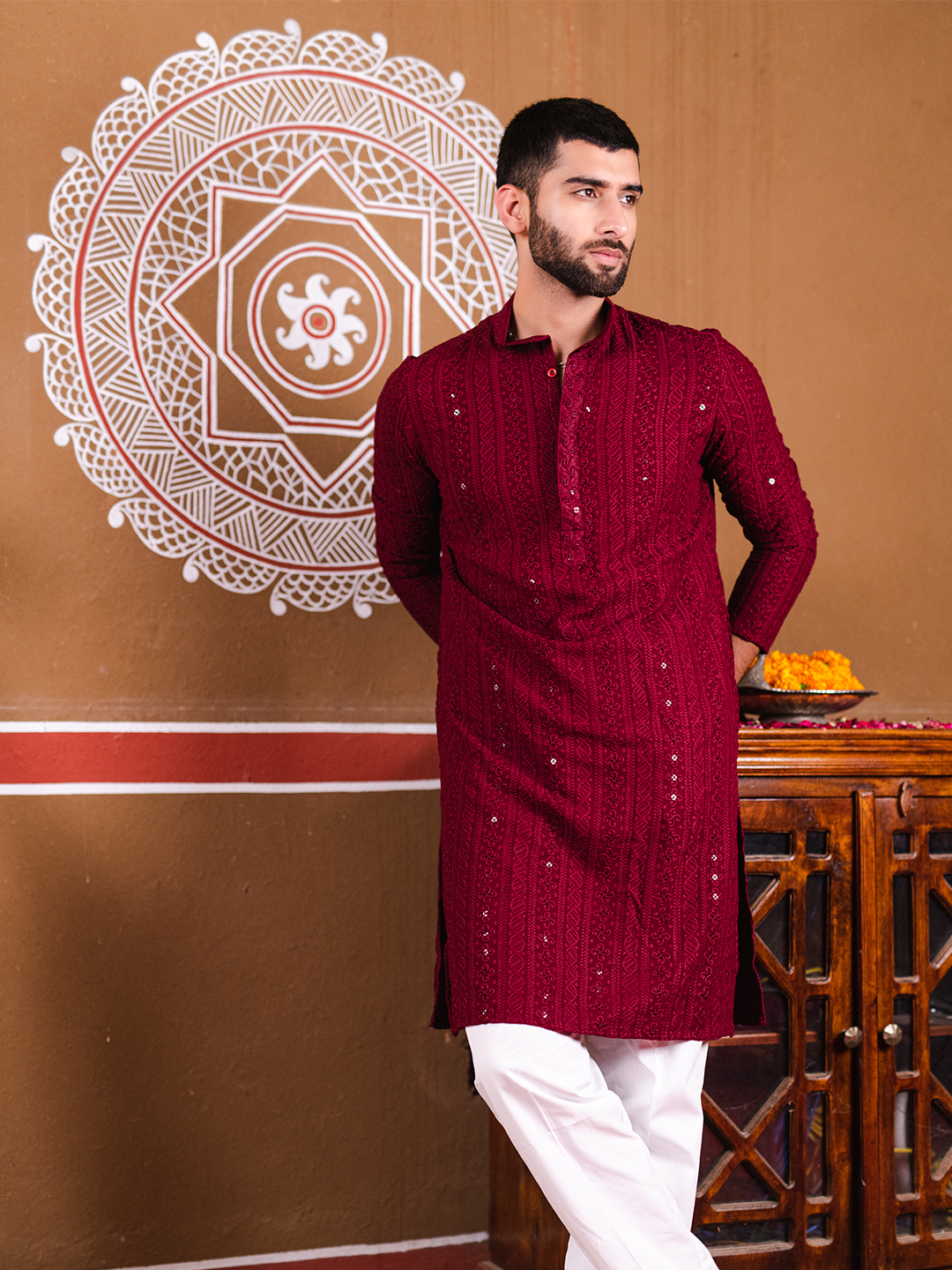 Maroon Chikankari Embroidered Cotton Men's Kurta