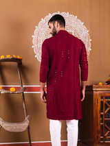 Maroon Chikankari Embroidered Cotton Men's Kurta