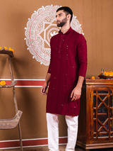 Maroon Chikankari Embroidered Cotton Men's Kurta