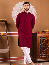 Maroon Chikankari Embroidered Cotton Men's Kurta