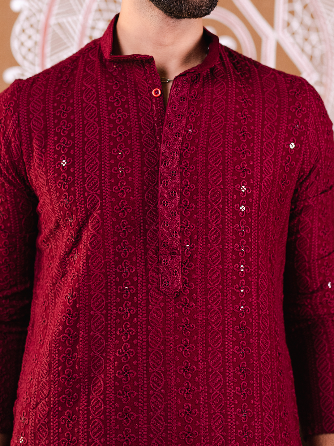 Maroon Chikankari Embroidered Cotton Men's Kurta