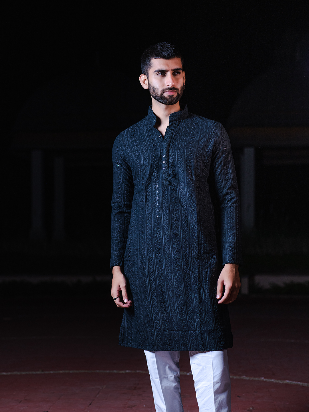 Black Chikankari Embroidered Cotton Men's Kurta