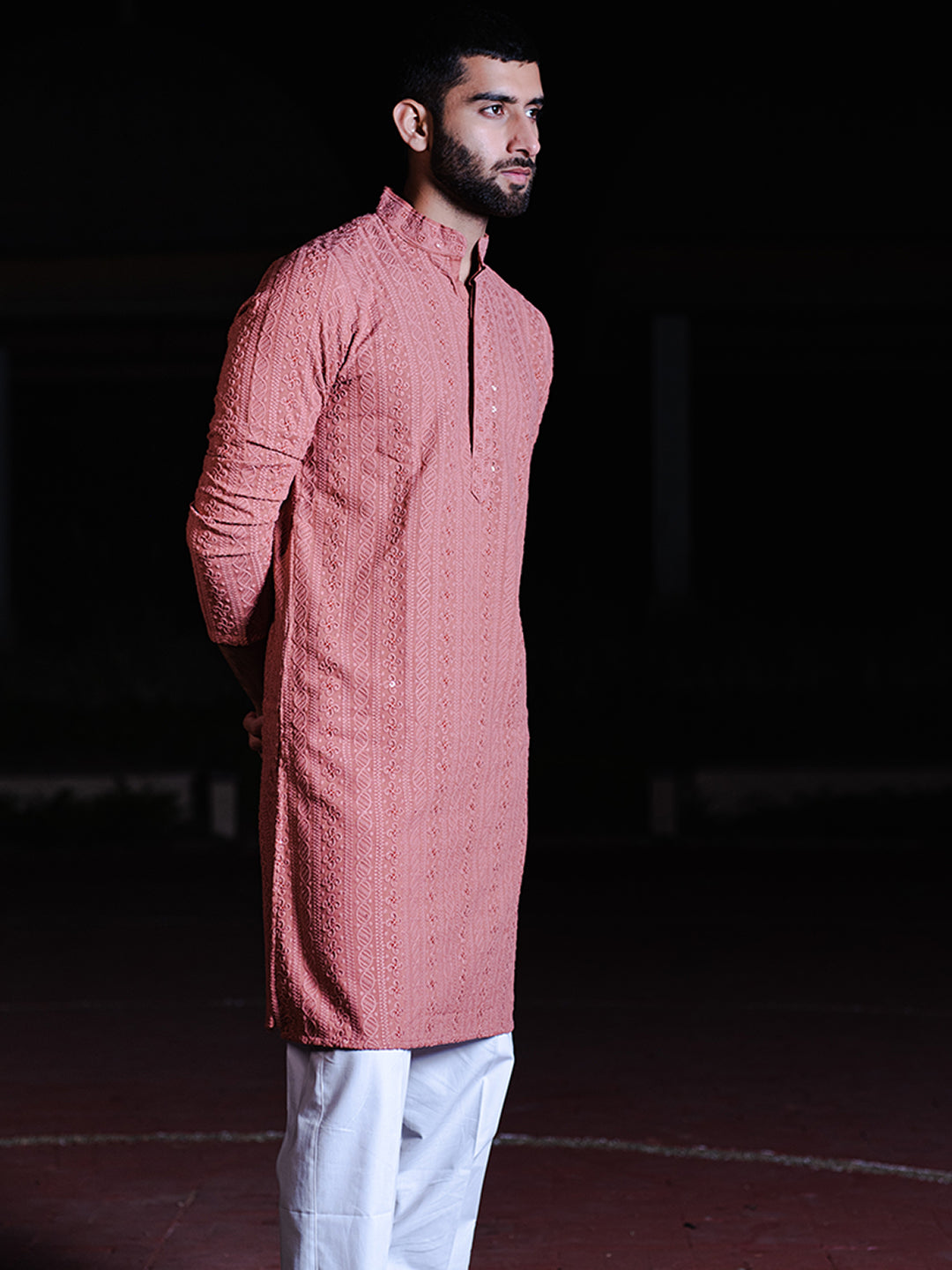 Dark Peach Chikankari Embroidered Cotton Men's Kurta