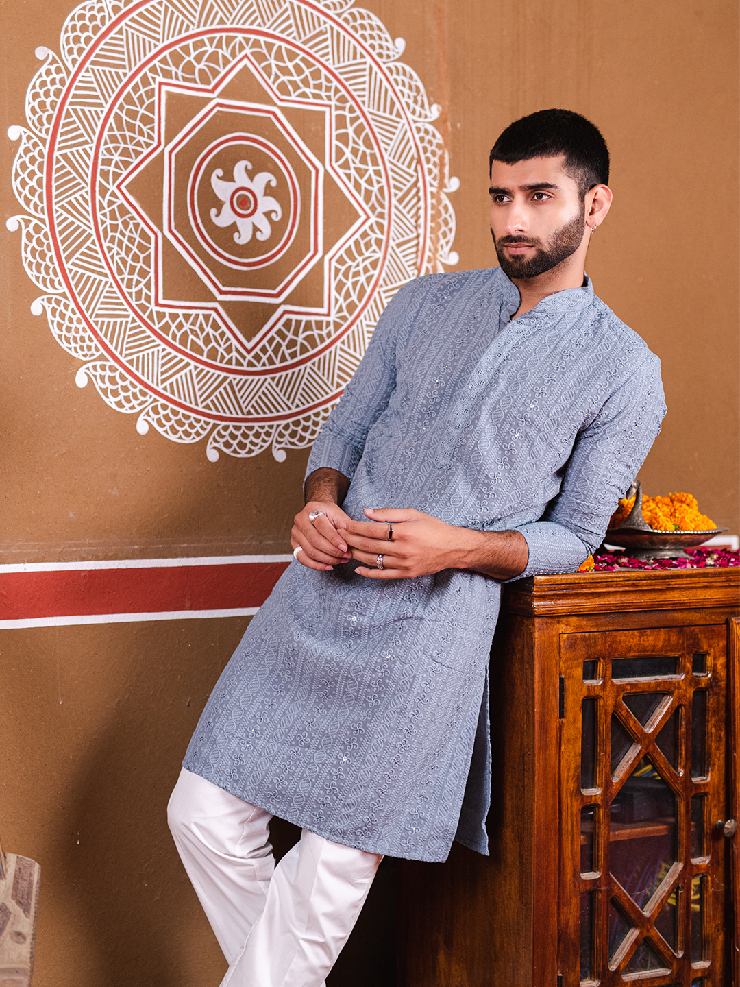 Blue Grey Chikankari Embroidered Cotton Men's Kurta