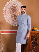 Blue Grey Chikankari Embroidered Cotton Men's Kurta