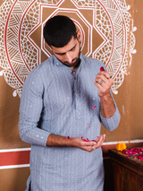 Blue Grey Chikankari Embroidered Cotton Men's Kurta