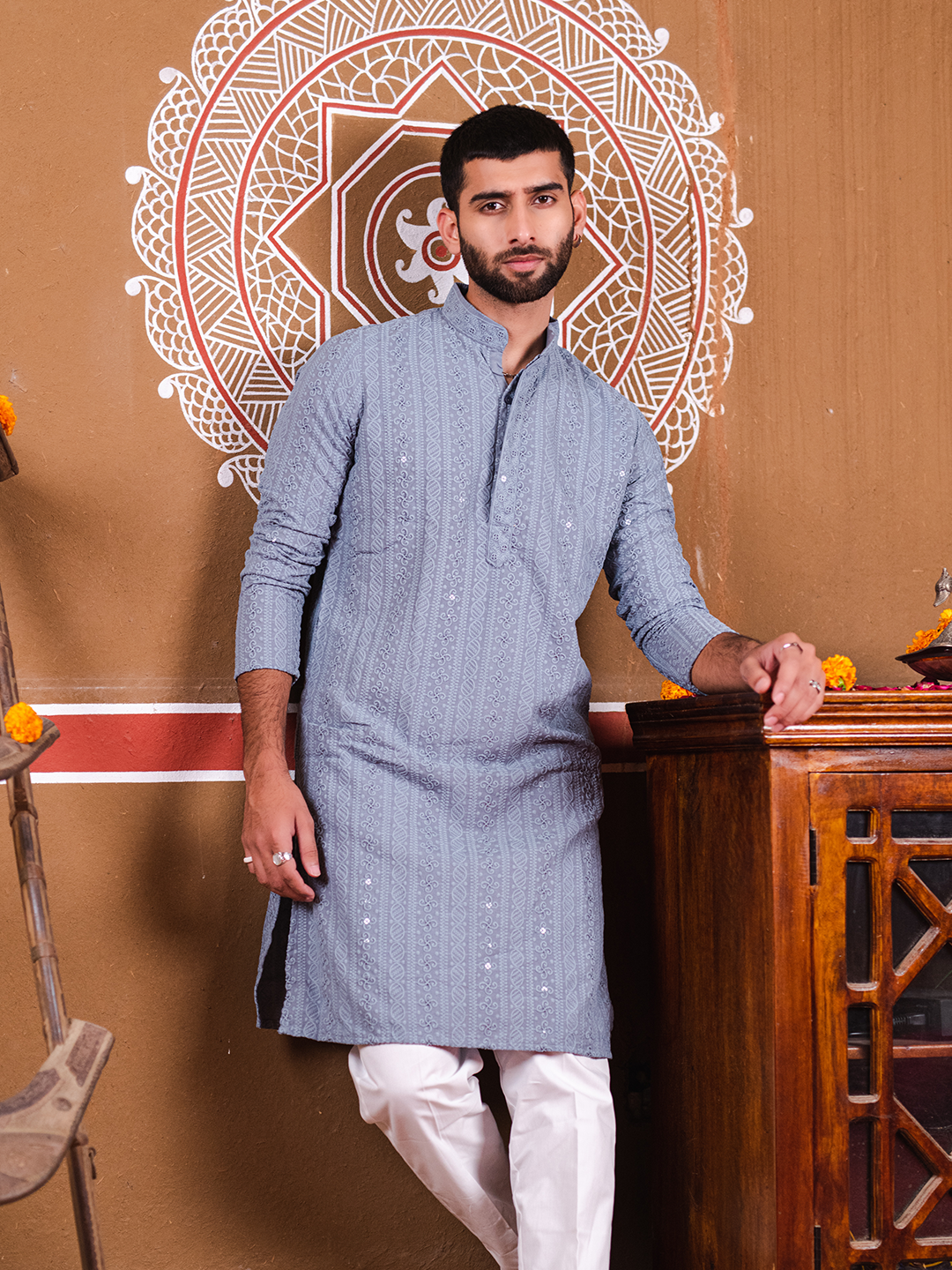 Blue Grey Chikankari Embroidered Cotton Men's Kurta