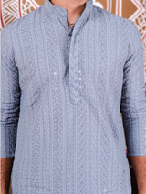 Blue Grey Chikankari Embroidered Cotton Men's Kurta