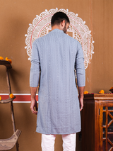 Blue Grey Chikankari Embroidered Cotton Men's Kurta