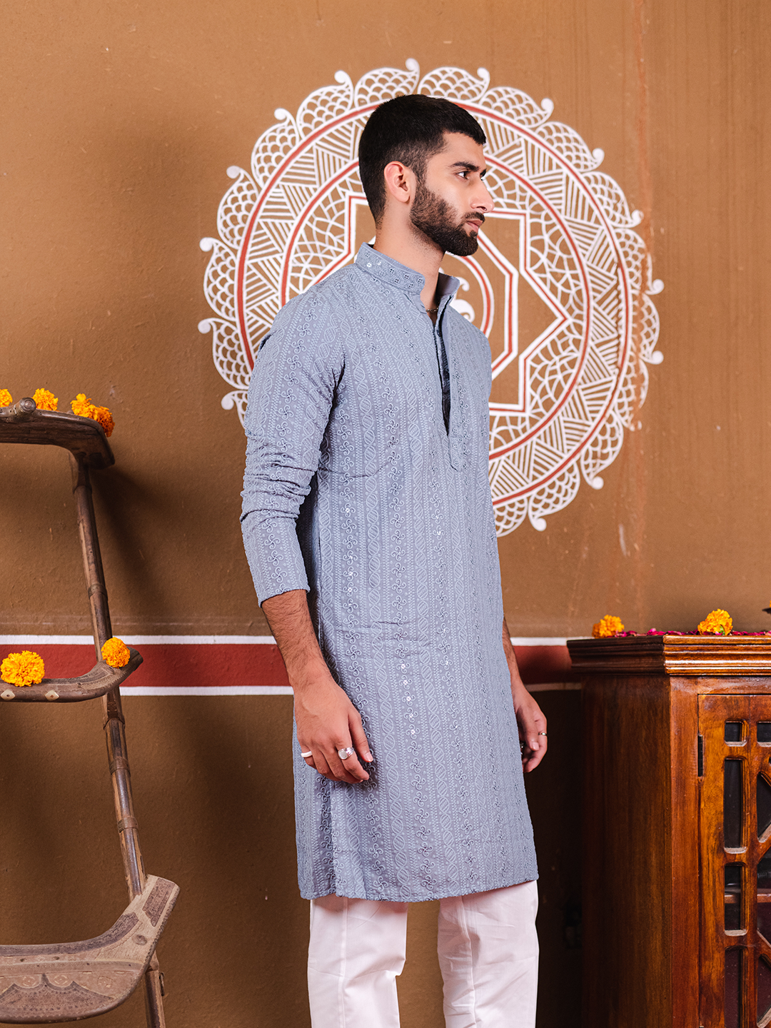 Blue Grey Chikankari Embroidered Cotton Men's Kurta