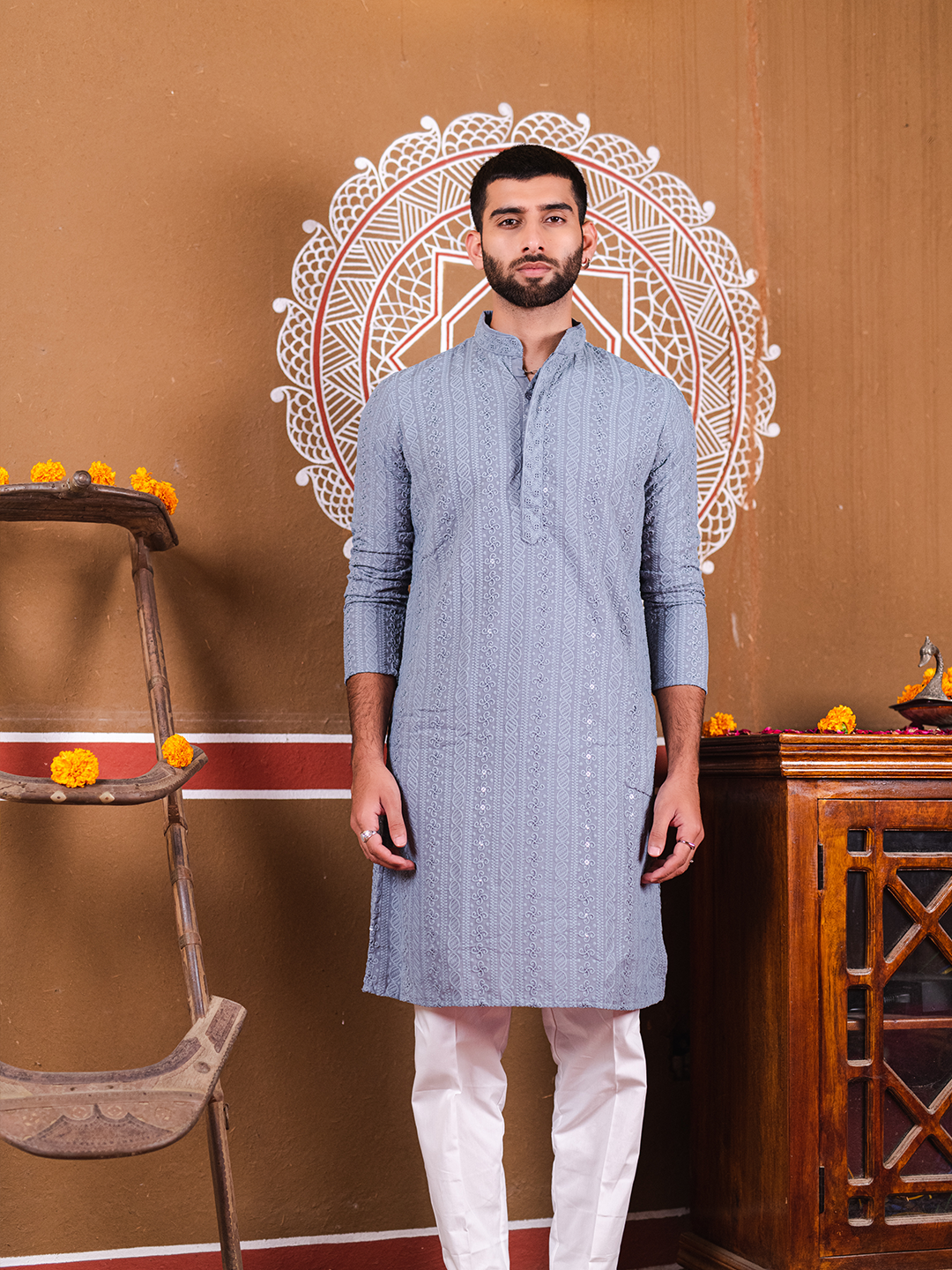 Blue Grey Chikankari Embroidered Cotton Men's Kurta