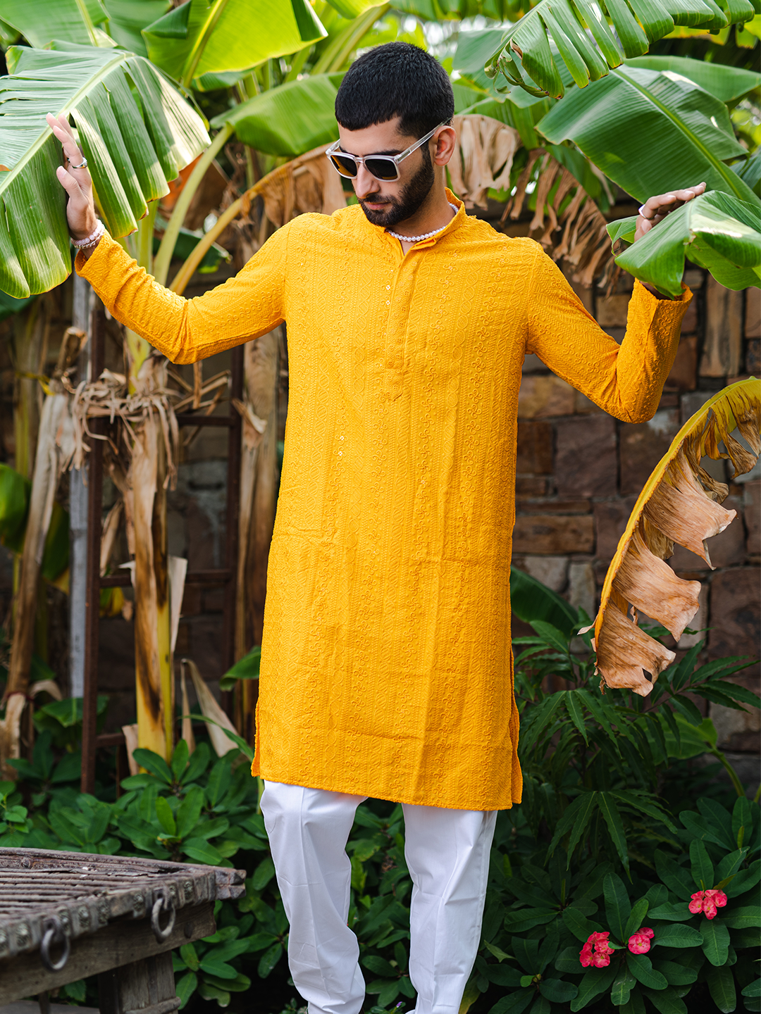 Orange Yellow Chikankari Embroidered Cotton Men's Kurta