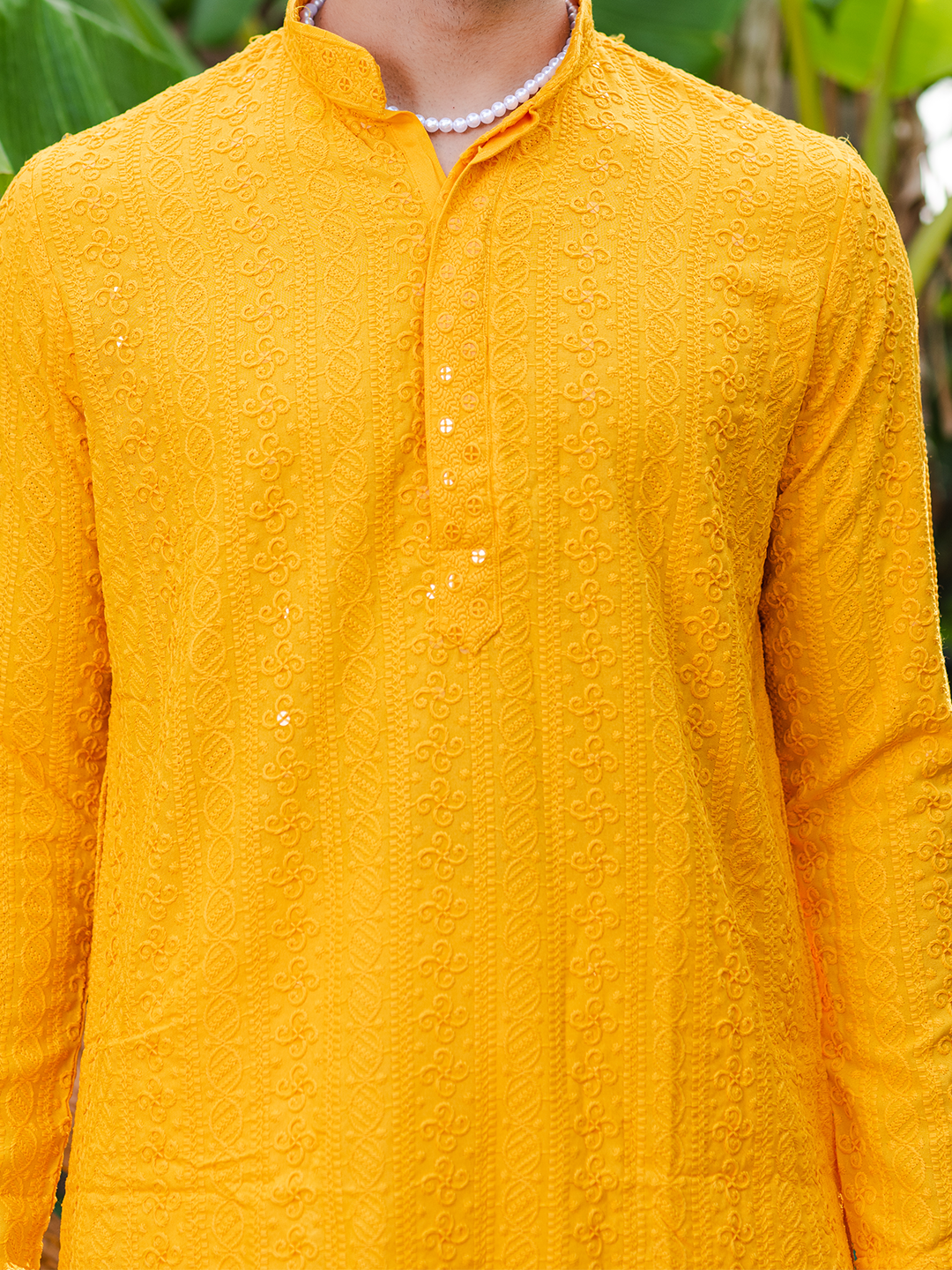 Orange Yellow Chikankari Embroidered Cotton Men's Kurta