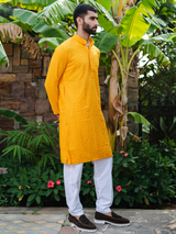 Orange Yellow Chikankari Embroidered Cotton Men's Kurta