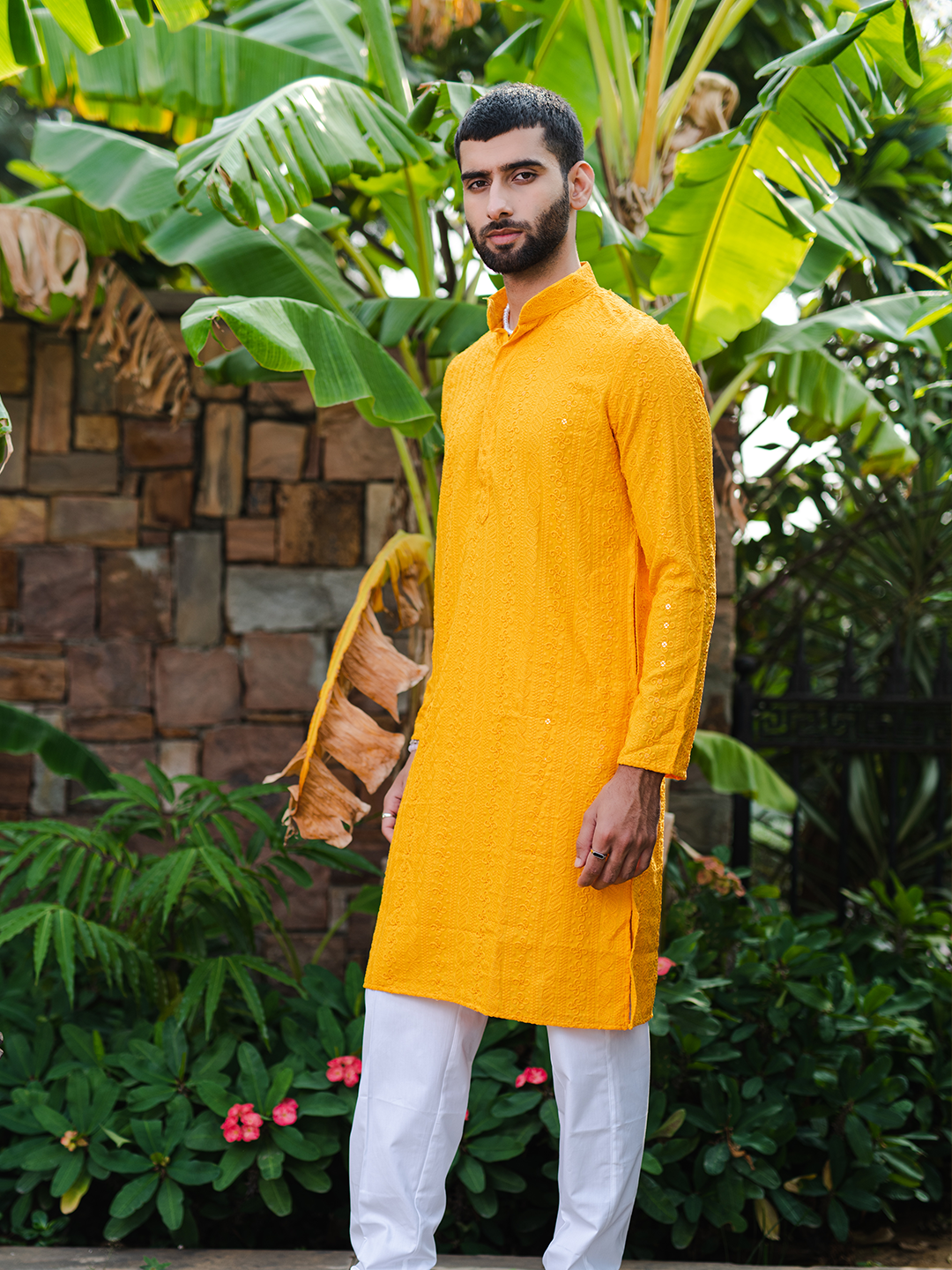 Orange Yellow Chikankari Embroidered Cotton Men's Kurta