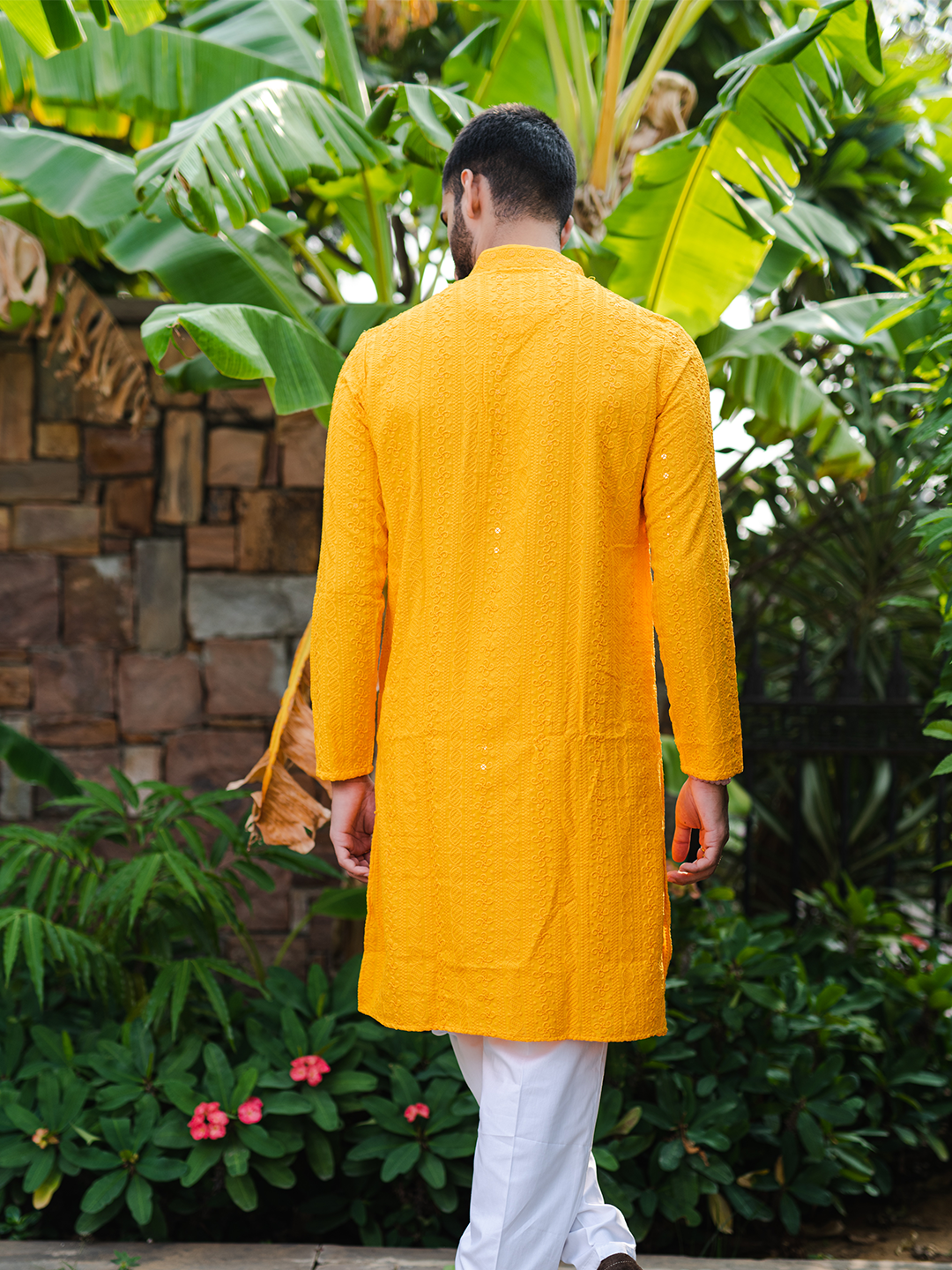 Orange Yellow Chikankari Embroidered Cotton Men's Kurta