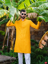 Orange Yellow Chikankari Embroidered Cotton Men's Kurta