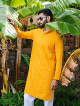 Orange Yellow Chikankari Embroidered Cotton Men's Kurta