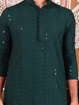 Bottle Green Chikankari Embroidered Cotton Men's Kurta