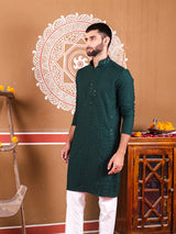 Bottle Green Chikankari Embroidered Cotton Men's Kurta