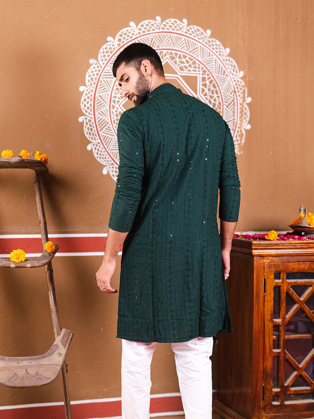 Bottle Green Chikankari Embroidered Cotton Men's Kurta