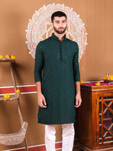 Bottle Green Chikankari Embroidered Cotton Men's Kurta