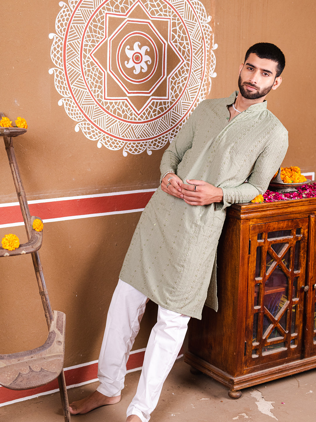 Elm Green Chikankari Embroidered Cotton Men's Kurta