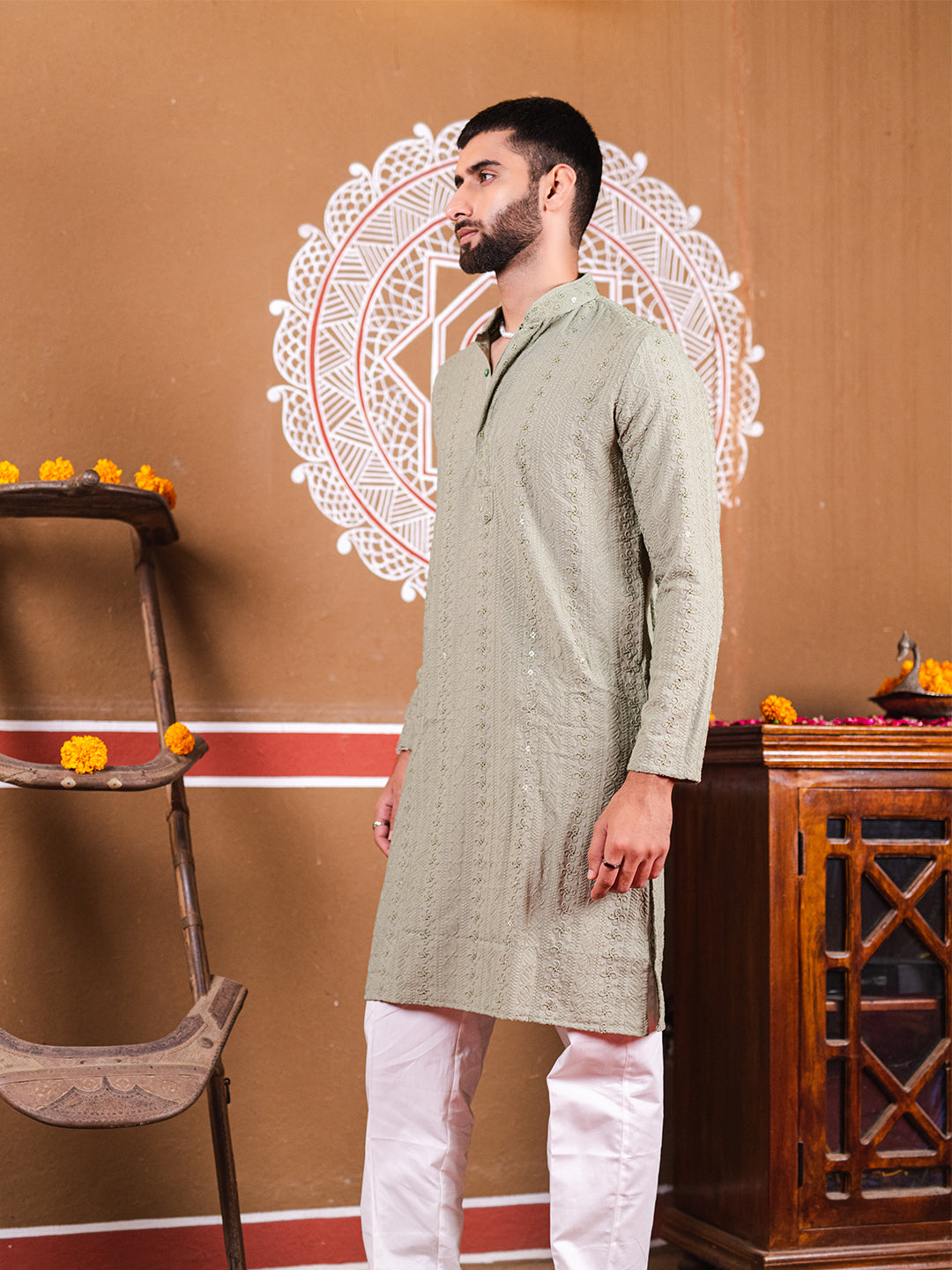 Elm Green Chikankari Embroidered Cotton Men's Kurta