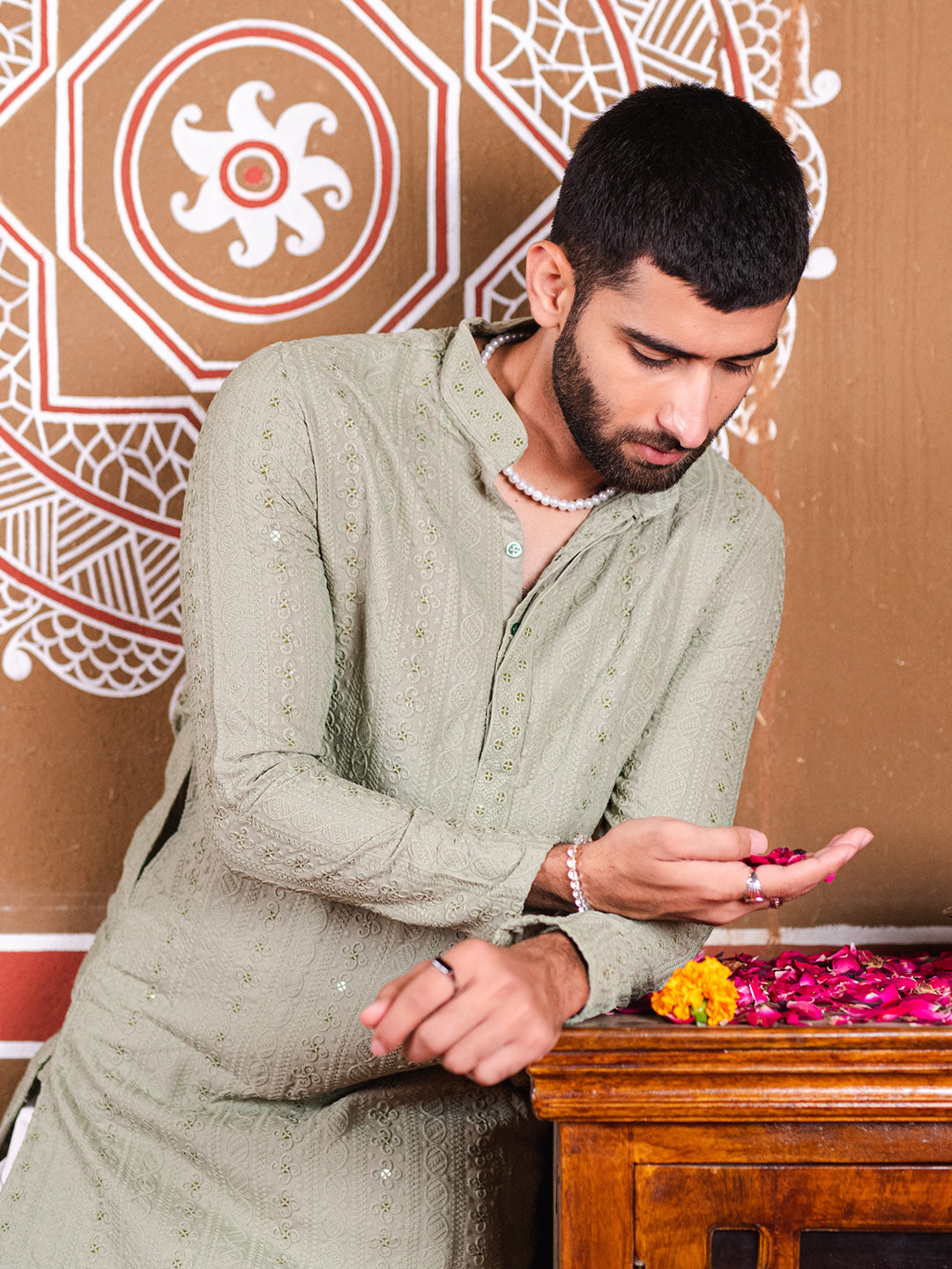 Elm Green Chikankari Embroidered Cotton Men's Kurta