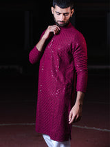 Maroon Rayon Sequence Embroidered Cotton Men's Kurta