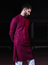 Maroon Rayon Sequence Embroidered Cotton Men's Kurta