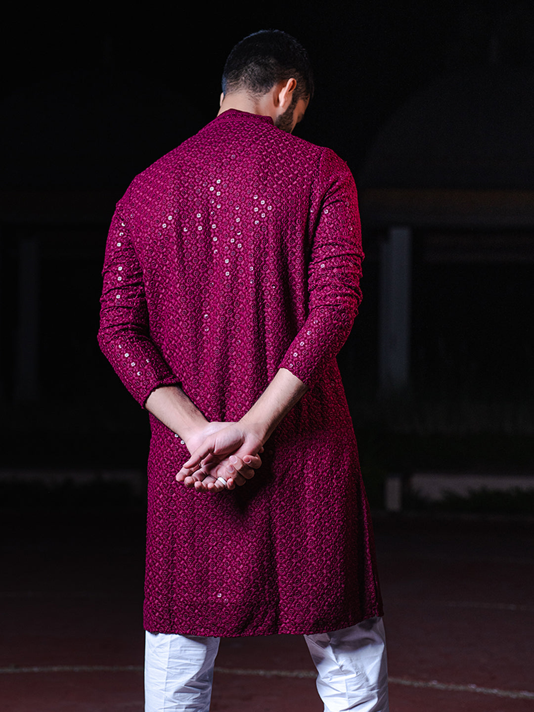 Maroon Rayon Sequence Embroidered Cotton Men's Kurta